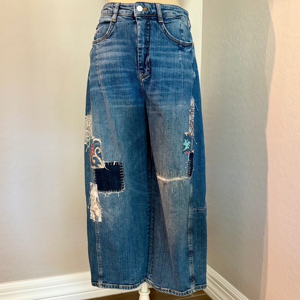 Wide-Leg Patchwork Blue Jeans for Women - Picture 5 of 7